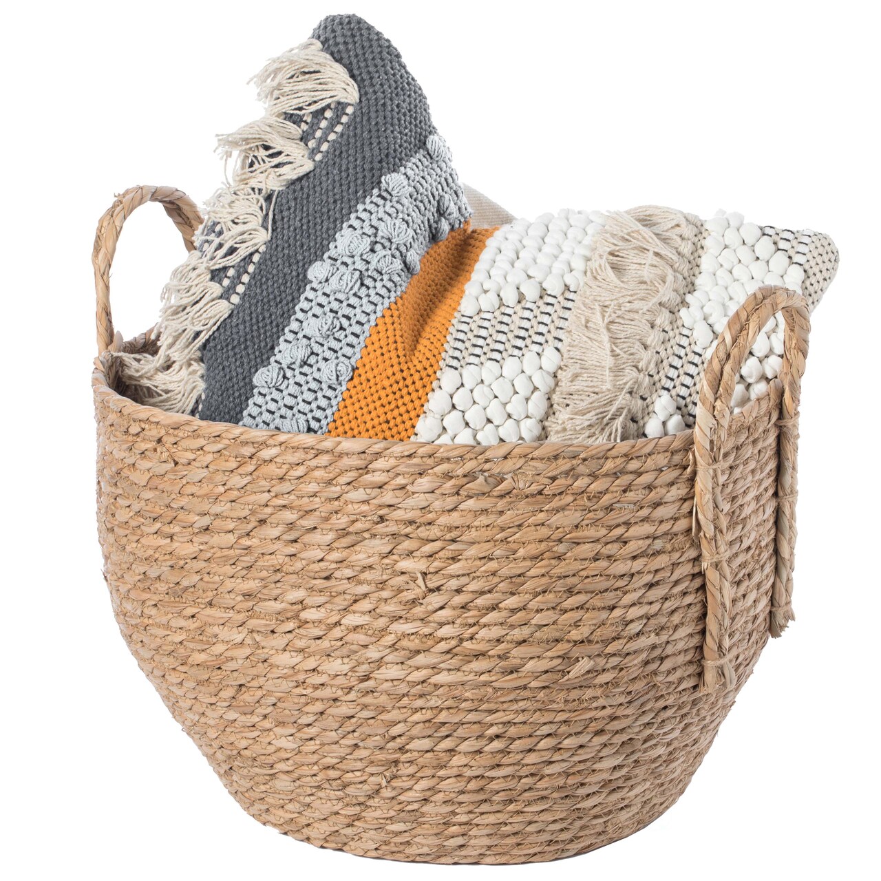 Decorative Round Wicker Woven Rope Storage Blanket Basket with Braided Handles